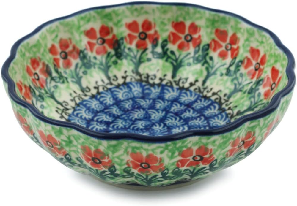 Authentic Polish Pottery Bowl 5-inch in Maraschino Design Handmade in Bolesławiec Poland by Ceramika Artystyczna + Certificate of Authenticity