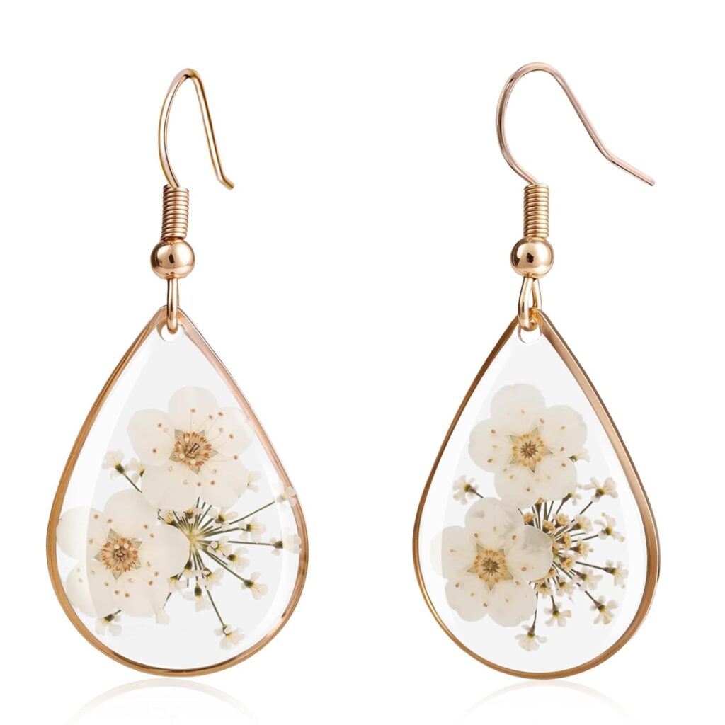 Pressed White Forget Me Not Earrings for Women – 14K Gold Plated Teardrop Dangle Earrings with Real Pressed Flowers, Unique Floral Jewelry