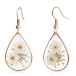 Pressed White Forget Me Not Earrings for Women – 14K Gold Plated Teardrop Dangle Earrings with Real Pressed Flowers, Unique Floral Jewelry