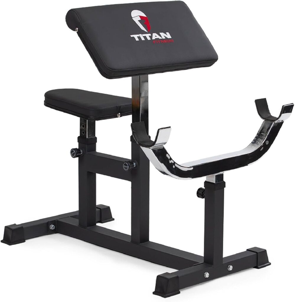 Titan Fitness Adjustable Preacher Curl Weight Station, 250 LB Capacity, Adjustable Bench Seat, Adjustable Arm Rest, Durable Bar Catches, Seated Home Gym Barbell and Dumbbell Biceps Station