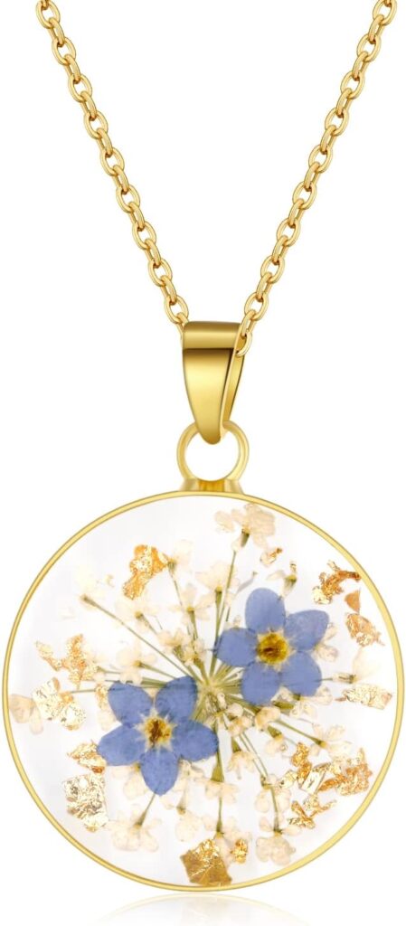 Forget-Me-Not and Queen Anne’s Lace Pressed Wildflower Necklace | Birth Month Real Flower Necklace | Gold/Silver Pressed Flower Jewelry | Personalized Handmade Jewelry
