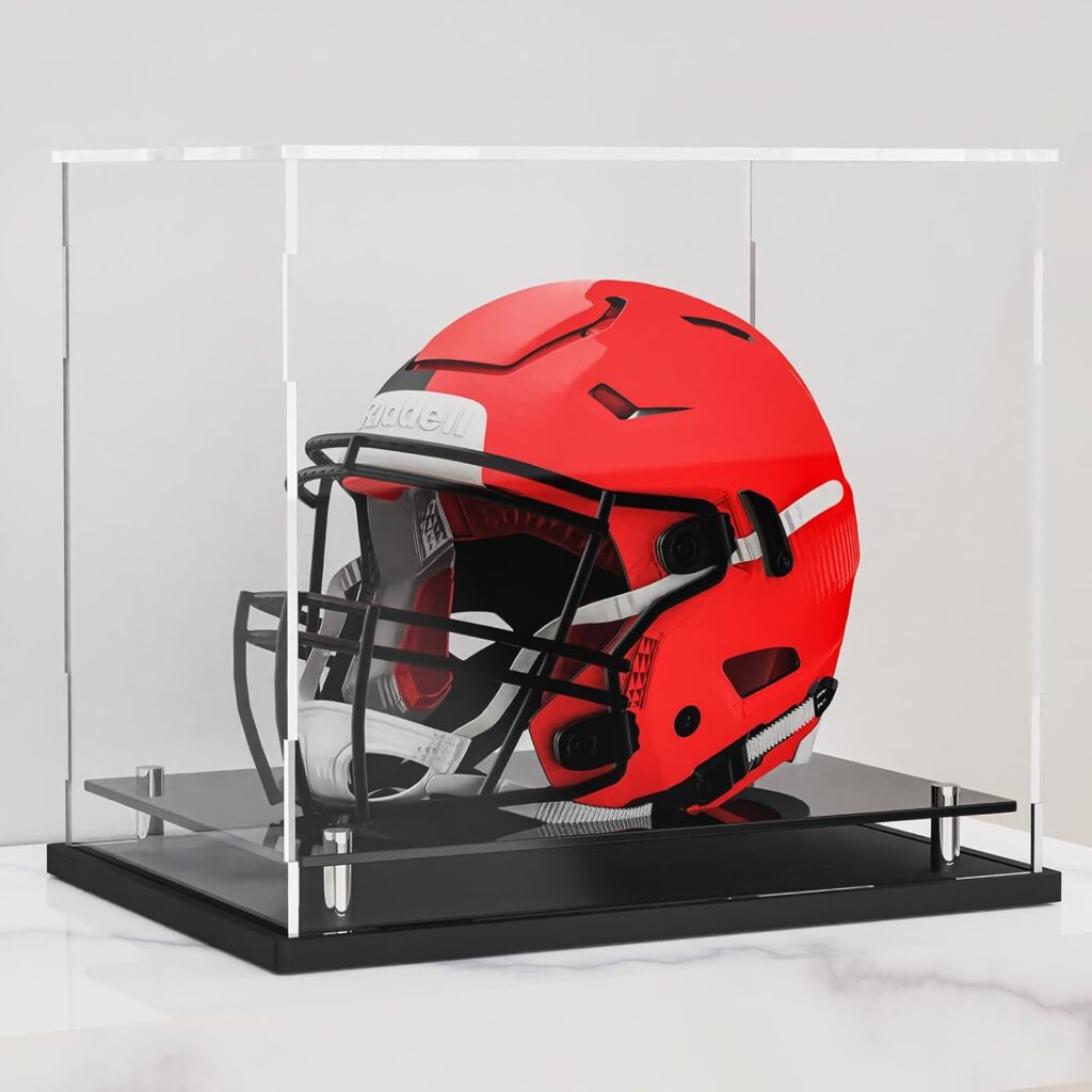 Football Helmet Display case Full Size,Self-Assembly Acrylic Helmet Display Case with Black Protection Holder Base,UV Protection Clear Sports Memorabilia Showcase for Basketball Sneakers