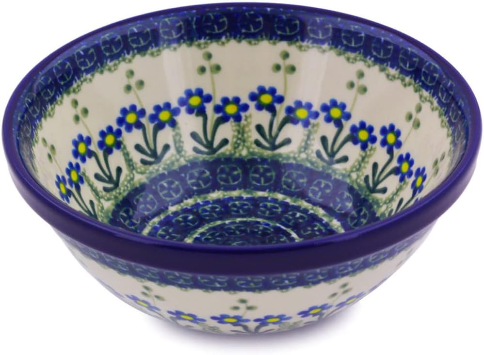 Authentic Polish Pottery Bowl 6-inch in Blue Daisy Circle Design Handmade in Bolesławiec Poland by Ceramika Artystyczna + Certificate of Authenticity