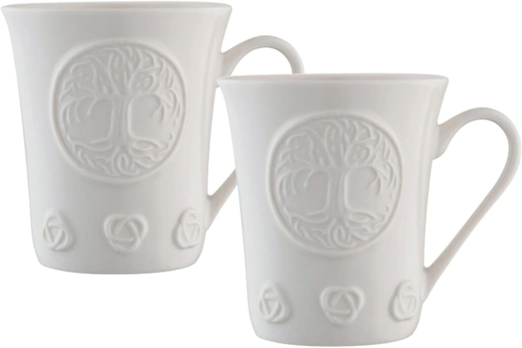 Belleek Tree of Life Irish Coffee Mugs Set of 2 – Fine Parian China White Ceramic Cups – Handcrafted Porcelain Mug, 4.7”W x 4.1”H, 11oz