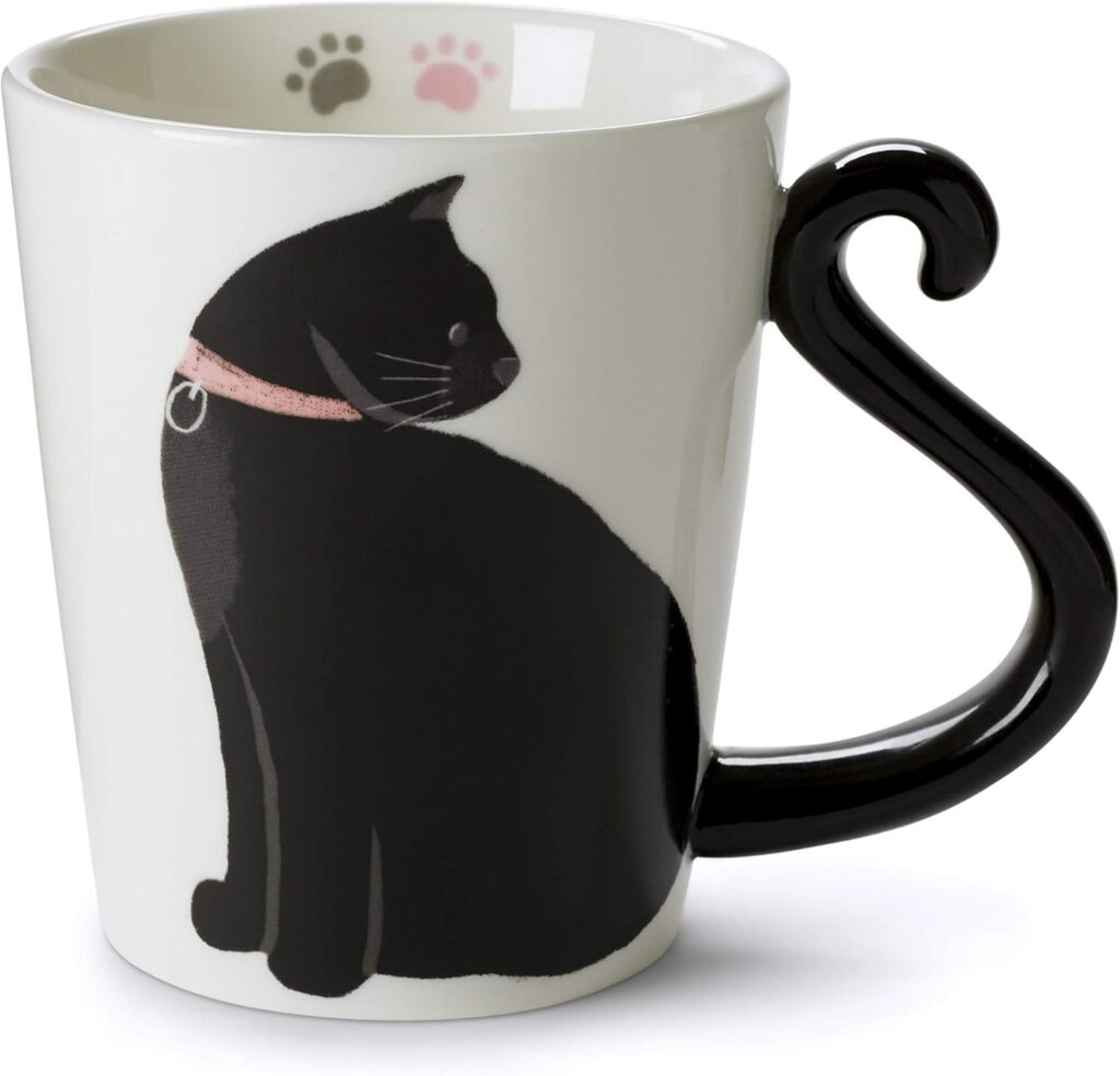 VOTUM Black Cat Ceramic White Coffee or Tea Mug – Animal Shaped Cup with Hand Printed Designs – Cute Handmade Gift for Men or Women Cat Lovers – 12 Fluid Ounce