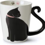VOTUM Black Cat Ceramic White Coffee or Tea Mug – Animal Shaped Cup with Hand Printed Designs – Cute Handmade Gift for Men or Women Cat Lovers – 12 Fluid Ounce