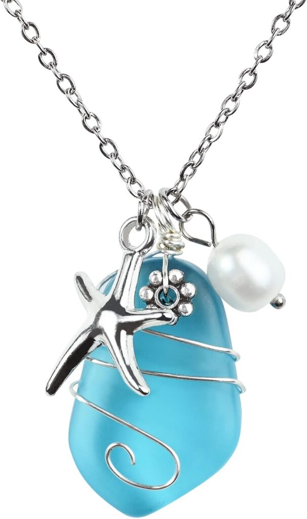 Sea Glass Necklace, Wire Wrapped Beach Necklaces, Sea Glass Jewelry, Handmade Blue Beach Jewelry for Women Trendy