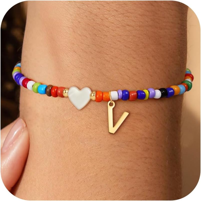 Colorful Initial Bracelets for Women Girls – Cute Beaded Heart Initial Bracelet Teen Girl Gifts Trendy Stuff, Bohemian Gold Charm Bracelet Personalized Gifts for Women Girls Jewelry