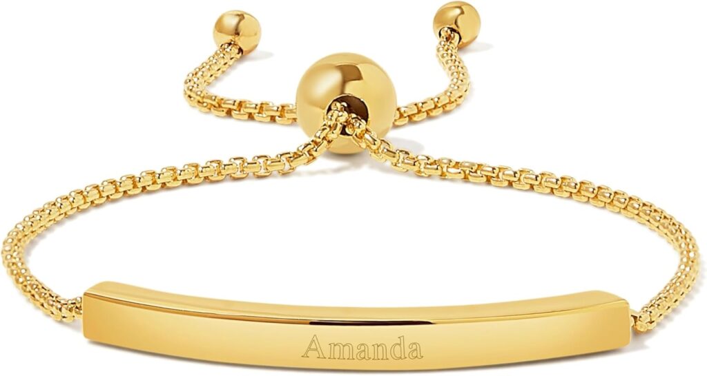 EVE’S ADDICTION Women’s Engravable Name Bar Gold Bolo Adjustable Beaded Bracelet, 10″ long – Custom Engraved Name Bracelet – Friendship Bracelets – Personalized Gift for Her – Gifts for Mom