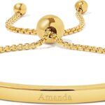 EVE’S ADDICTION Women’s Engravable Name Bar Gold Bolo Adjustable Beaded Bracelet, 10″ long – Custom Engraved Name Bracelet – Friendship Bracelets – Personalized Gift for Her – Gifts for Mom