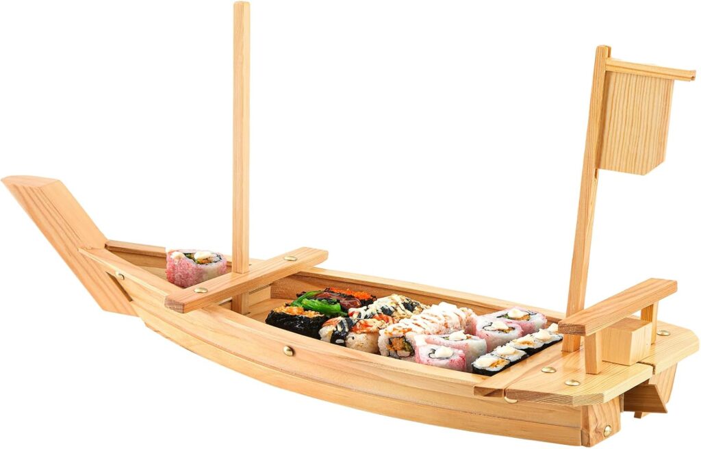 Juexica Wooden Sushi Boat Serving Tray Japanese Sushi Plate for Restaurant Sushi Tray Wood Serving Boat Plate for Food Display Home Wedding Birthday Party (Light Wood Color,28.2 Inch)