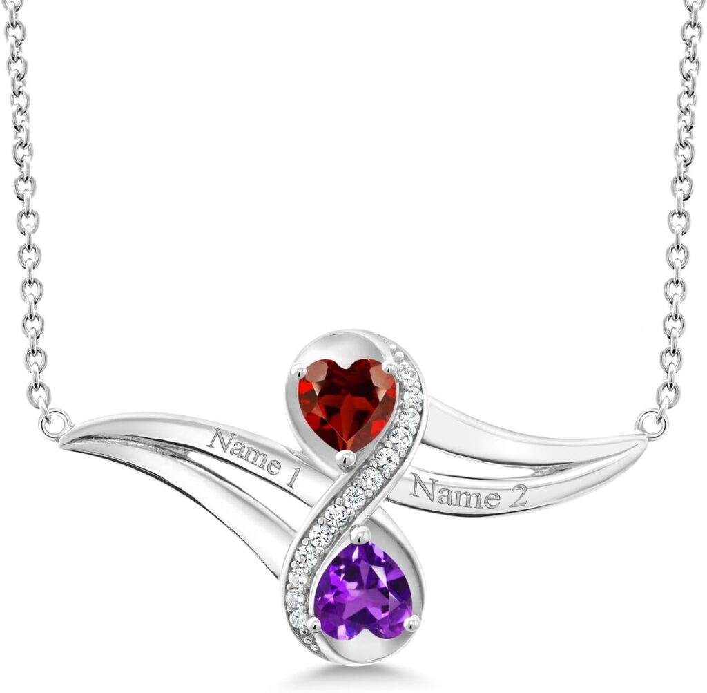 Gem Stone King 925 Sterling Silver Customized and Personalized Engraved Gemstone Birthstone 2 Heart Shape Pendant Necklace Promise Love Jewelry For Women with 18 Inch Silver Chain