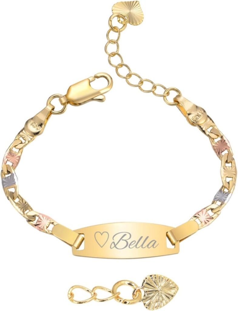Personalized Baby ID Bracelet – 18K Gold Plated Tri-Color Chain Custom Name ID Plate Bar Bracelet for Children Toddler from Mom,Engraved Kid Name Customized Birthday,Back To School Gift for Daughter