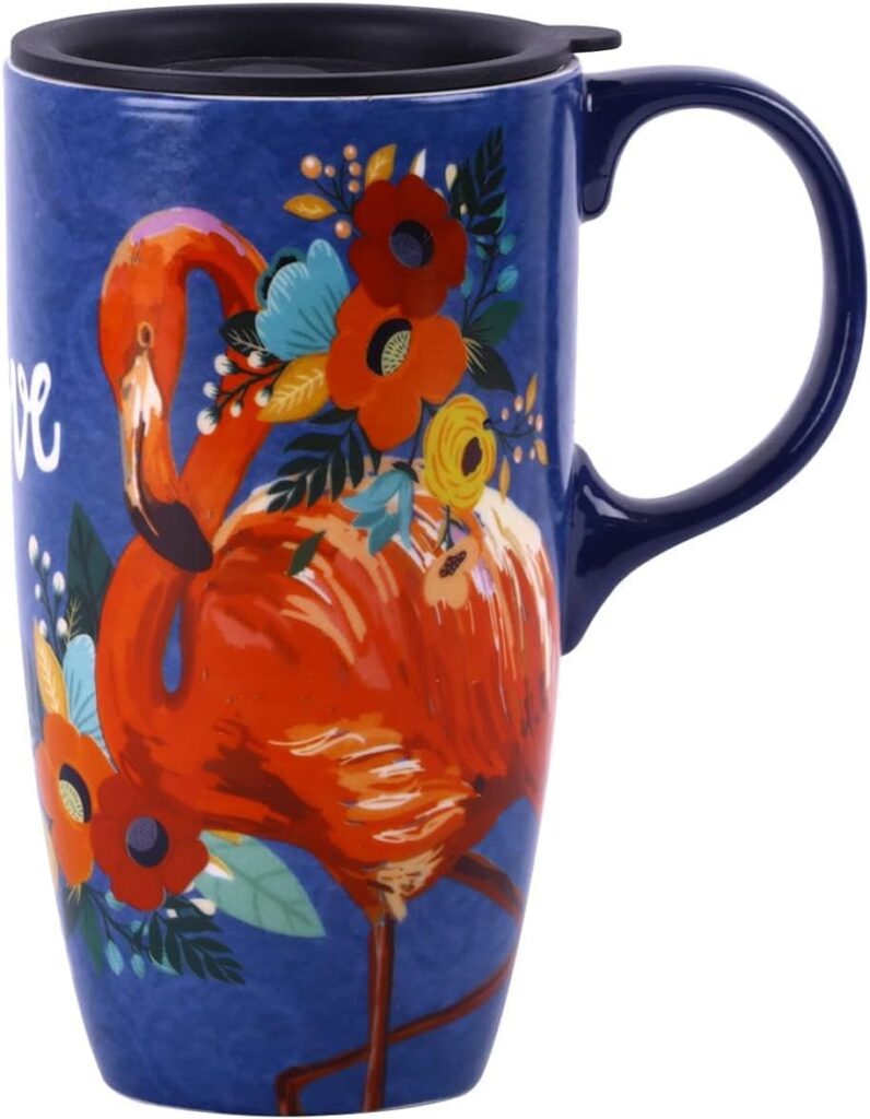 TZSSP Coffee Ceramic Mug Porcelain Latte Tea Cup With Lid 17oz. Flamingo