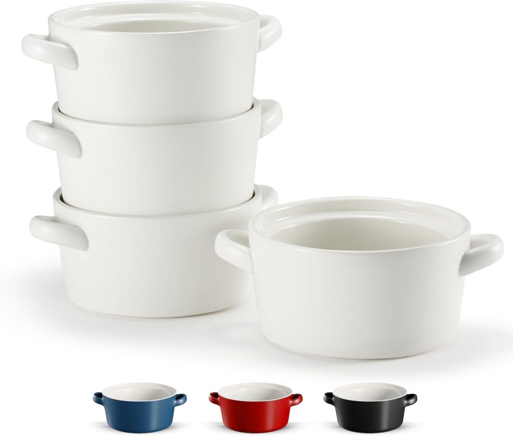 Kook Soup Crocks, Ceramic Stackable Bowls, Broil, Oven, Microwave and Dishwasher Safe, with Handles, For Casserole, Pasta, Cereal, 23.6 oz, Set of 4 (Matte White)