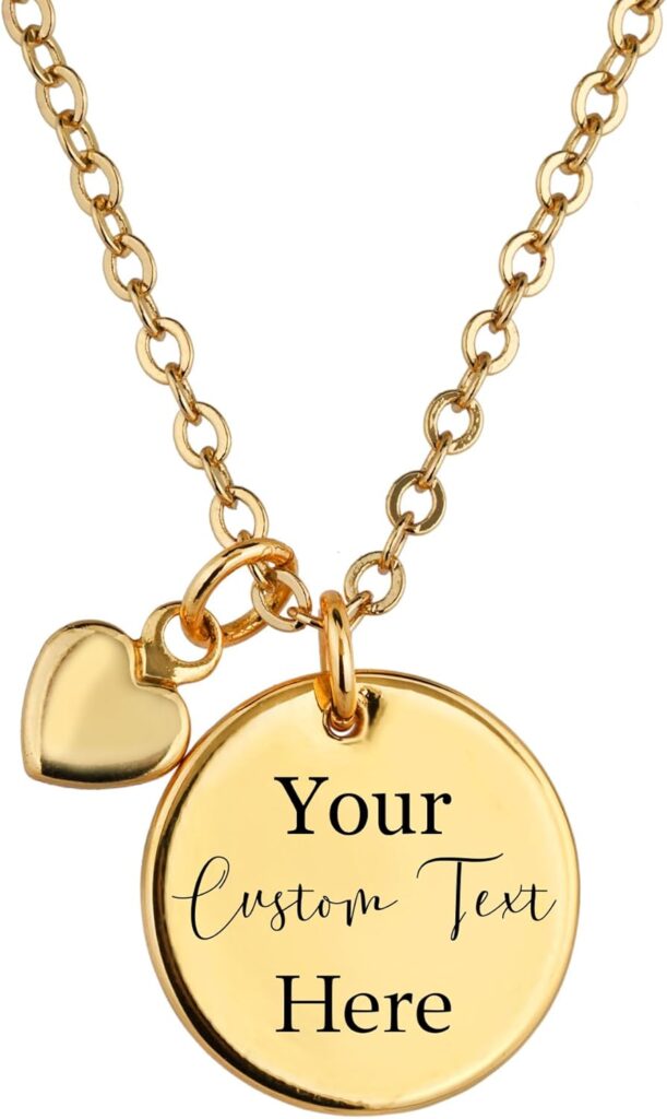 Personalized Disc Necklace, Custom Text Engraved Jewelry Gift for Women, Customized Name Coin Pendant with Heart Charm, Personalized Gifts for Mom