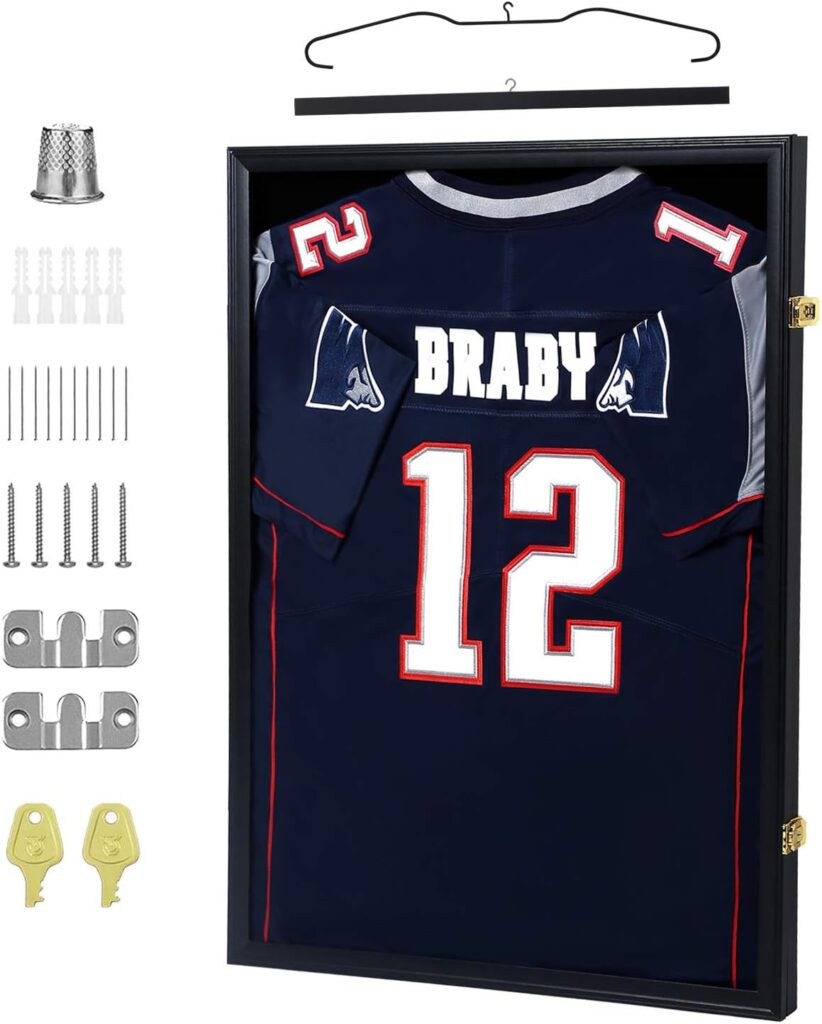 IHEIPYE Jersey Display Frame Case Lockable, Large Sport Jersey Shadow Box with 98% UV Protection Acrylic and Hanger for Baseball Basketball Football Soccer Hockey Shirt and Uniform,Black