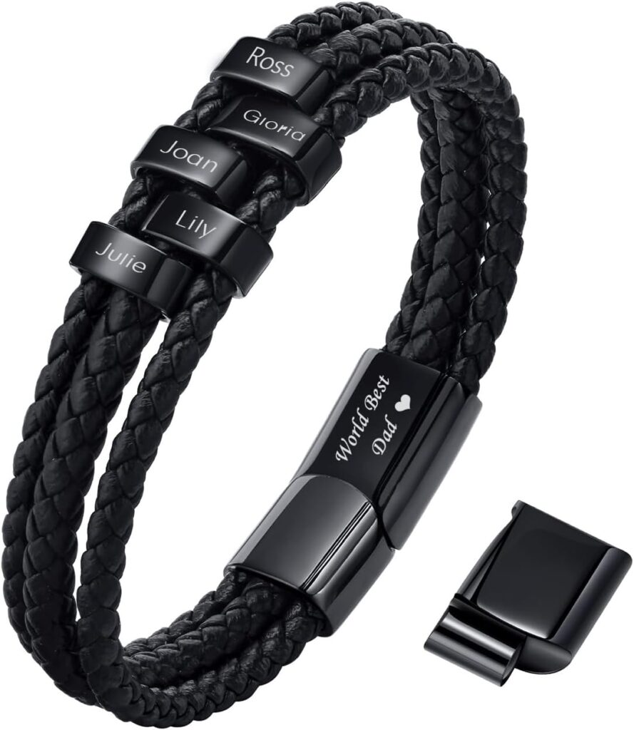 VNOX Fathers Day Gift for Dad Personalized Name Bracelet for Men Braided Leather Bracelets with Names Custom Beads Dad Bracelet for Husband Father,Personalized Gifts from Daughter Wife Son Kids