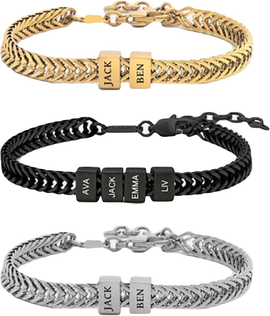 Generic Father’s Day Gift, Custom Bracelet For Dad With Kids Names, Family Name Bracelet, Personalize Daddy Bracelet, Stainless Steel Engraved Bracelet, Family Jewelry, Husband Gifts, 21.5cm, black