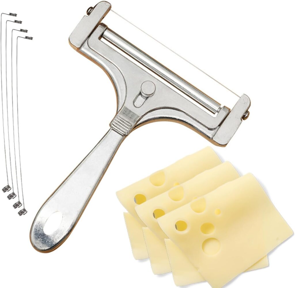 Adjustable Cheese Slicer with 4 Extra Replacement Wires Heavy Duty Aluminum Cheese Cutter Easy to Replace Handheld Steel Slicer for Cheddar, Gruyere, Raclette, Mozzarella Block (Silver)