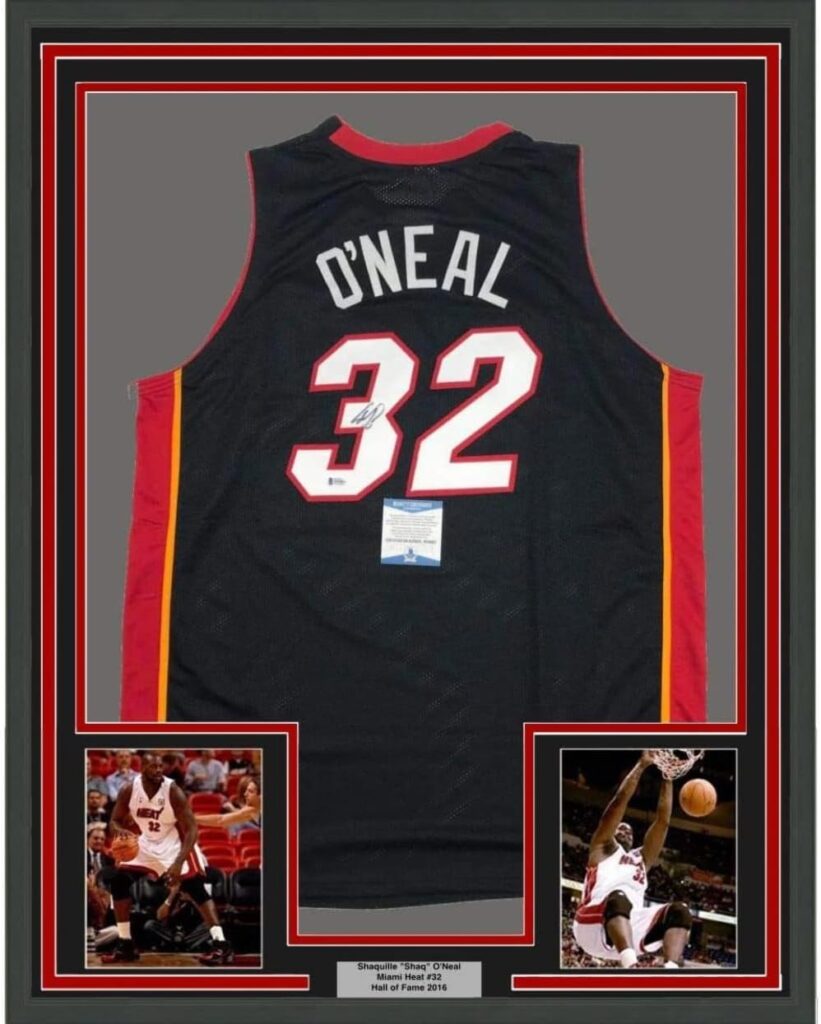 Framed Autographed/Signed Shaquille Shaq O’Neal 33×42 Miami Black Basketball Jersey Beckett BAS COA