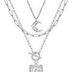 MJartoria Layered Initial Necklaces for Women Trendy, 14K Gold Plated Brass Simple Moon Choker Square Letter Pendant Necklace, Paperclip Chain Necklaces Jewelry Gifts
