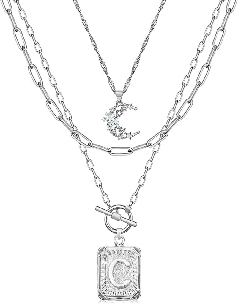 MJartoria Layered Initial Necklaces for Women Trendy, 14K Gold Plated Brass Simple Moon Choker Square Letter Pendant Necklace, Paperclip Chain Necklaces Jewelry Gifts