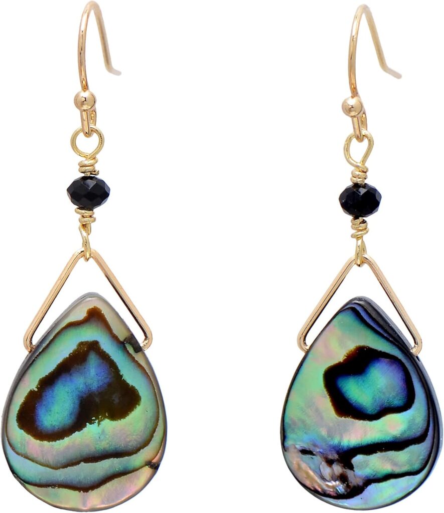 Hand Wrapped Tear Drop Abalone Shell Dangling Earrings for Women, Yellow Gold Plated