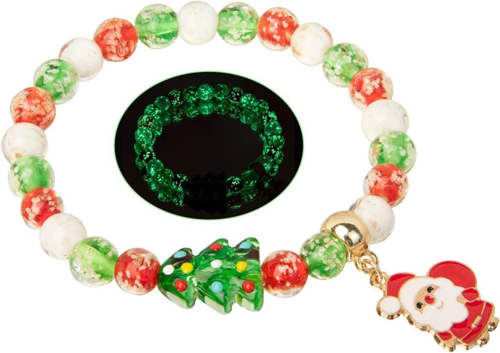 Handmade Firefly Christmas Beaded Bracelets – Green Red Xmas Tree Glass Beads Bracelet for Women Teens as Christmas Decorations Xmas Party Gifts