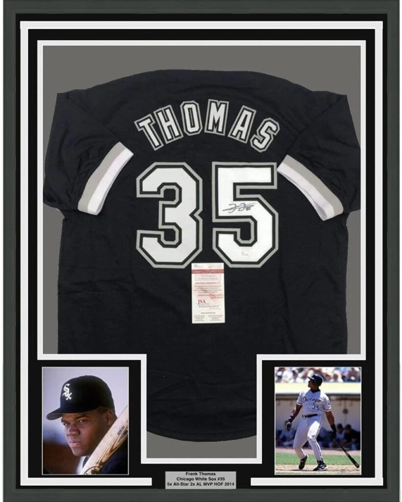 Framed Autographed/Signed Frank Thomas 33×42 Chicago Black Baseball Jersey JSA COA