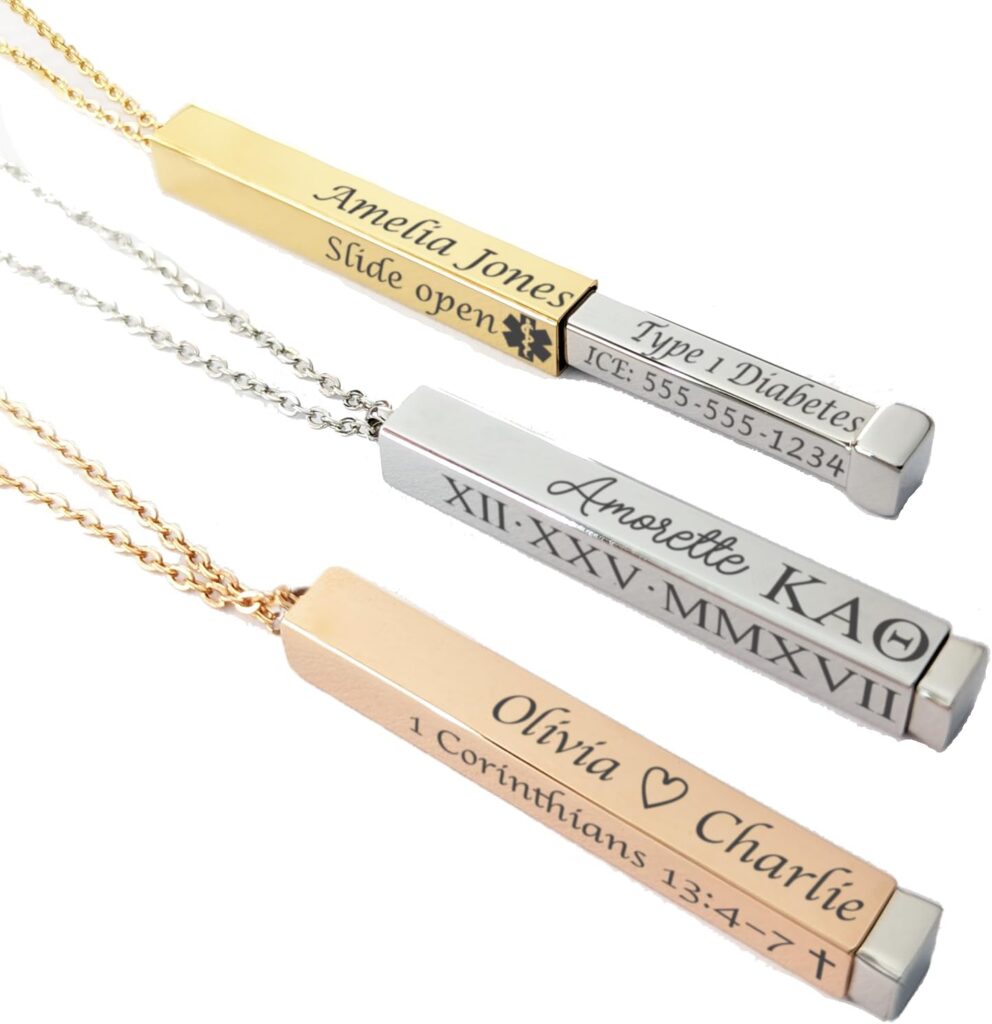 Personalized Secret Message Slide Bar Necklace Collection Custom Engraved Name, Date & Scripture Medical Alert Or Any Message You Want gift New Year’s Eve jewelry