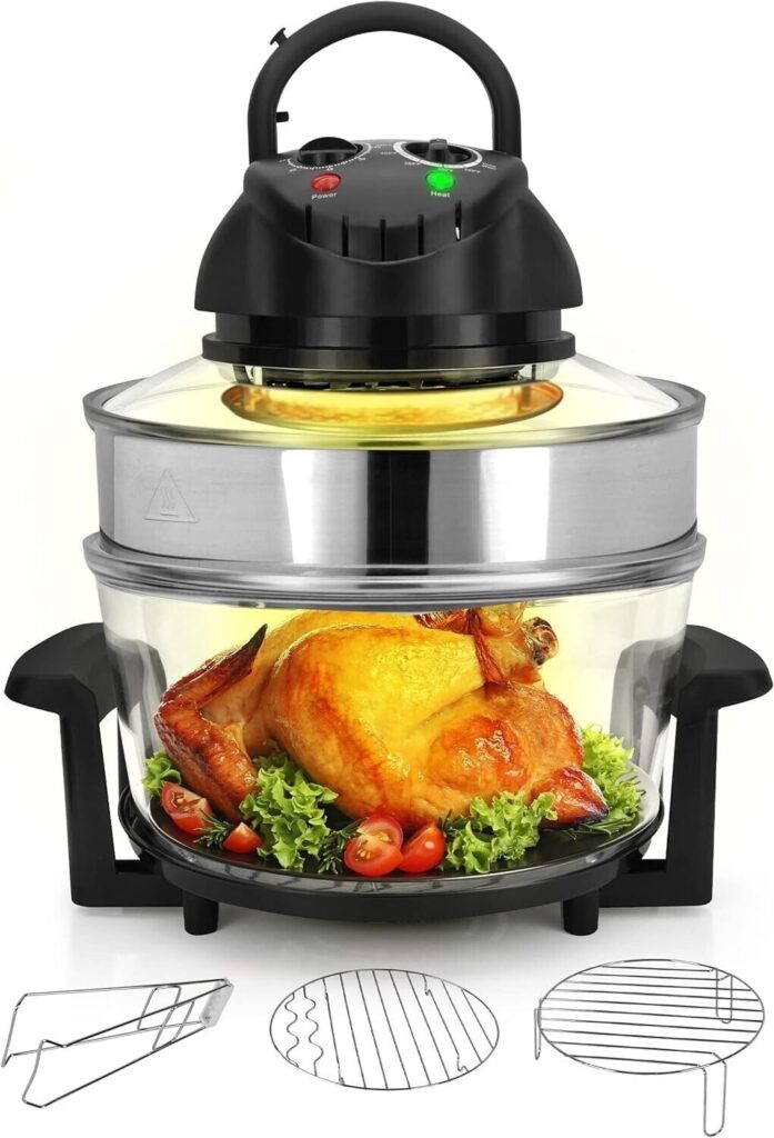 Nutrichef 18 Quart Convection Countertop Air Fryer – See through Glass for Best Cooking Results – Air Fryer, Roaster, Bake, Grill, Steam & Roast – Includes Glass Bowl, Broil Rack & Toasting Rack