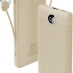 Portable Charger Built-in Cables and AC Wall Plug, USB C Power Bank 10000mAh, Travel Battery Portable Phone Charger Compact Lightweight External Battery Pack for Smart Phones, Tablets etc-Light Coffee