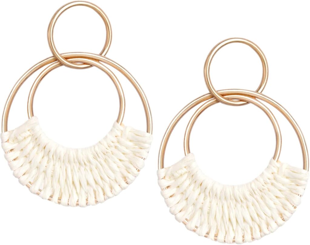 Raffia Hoop Earrings for Women Fun Boho Summer Beach Earrings Lightweight Handmade Straw Wicker Rattan Dangle Earrings Statement Geometric Round Drop Earrings