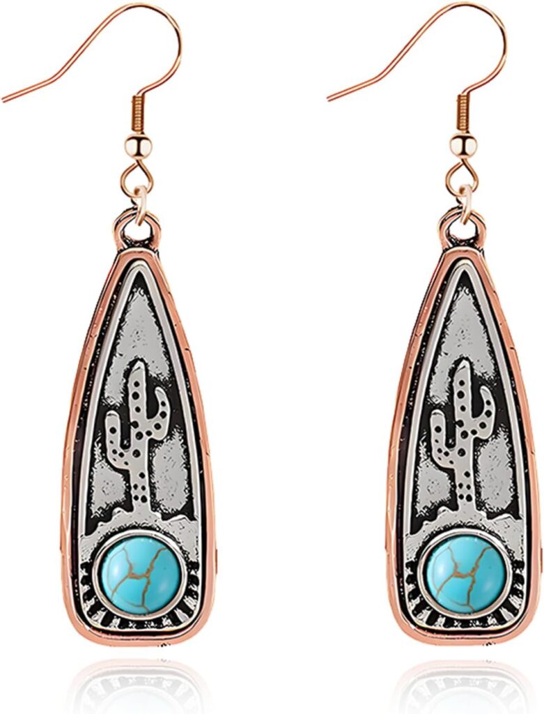 Handmade Turquoise Earrings for Women Girls Boho Cactus Plant Earring Vintage Silver Teardrop Dangle Drop Earrings Western Cowgirl Turquoise Jewelry