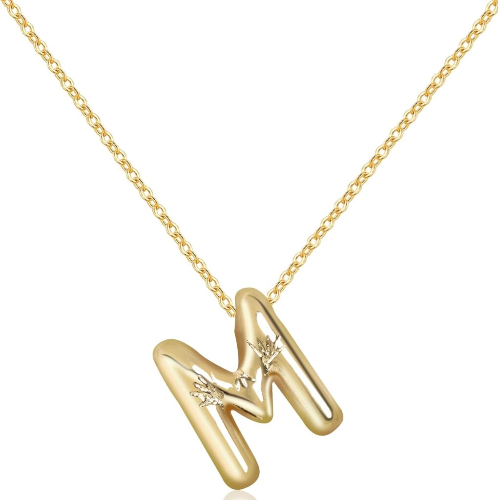 Rhinelife Letter Necklace Bubble Initial Pendant Necklaces for Women Cute Alphabet 14K Gold Plated Design Balloon Puffy Name Personalized Teen Jewelry
