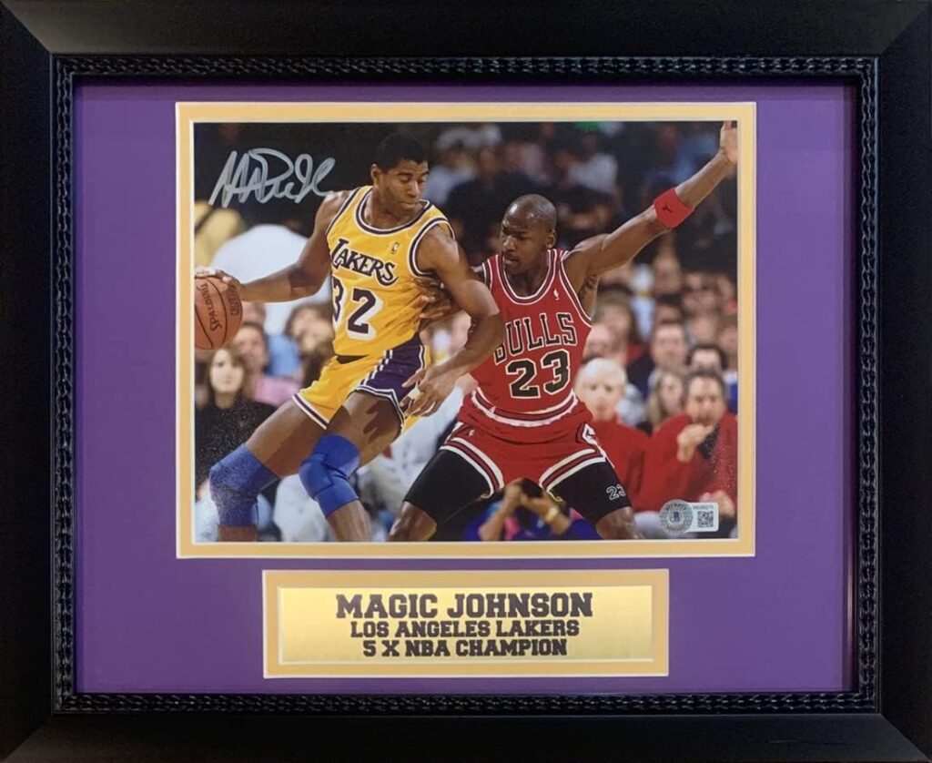 Magic Johnson Autographed 8×10 Framed Photo vs Michael Jordan | Beckett Authenticated, Basketball Memorabilia Display