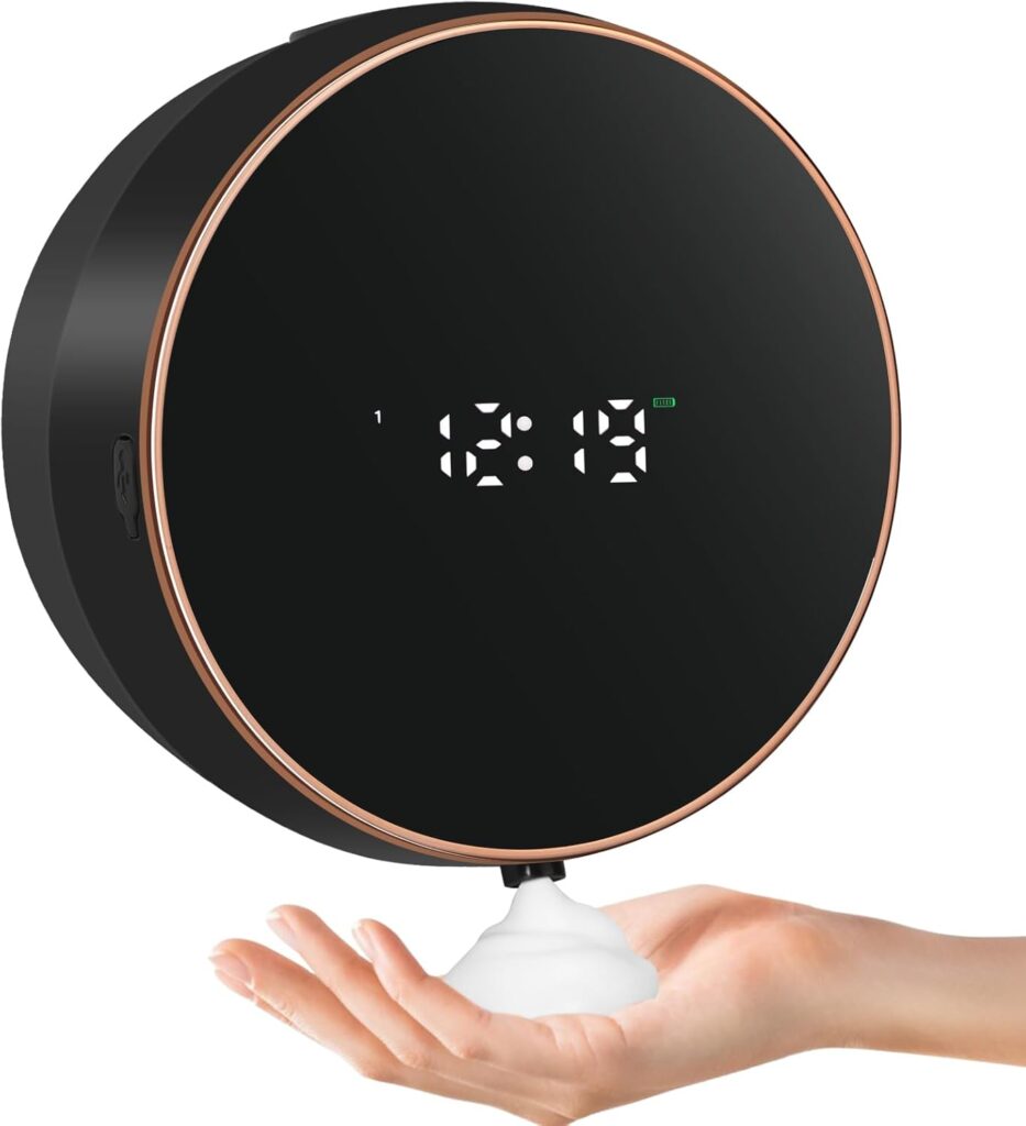 Automatic Soap Dispenser Foam Bathroom: Wall Mount Rechargeable Touchless Adjustable Auto Smart Electric Plastic Black Foaming Soap Dispenser with Clock – Kitchen – Hand Dish Lotion Couple Kids