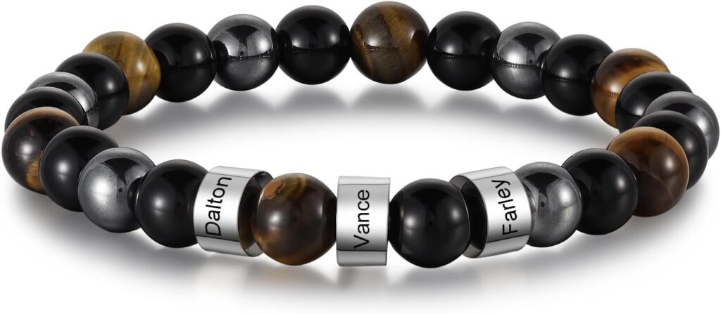 Personalized Tiger Eye Bead Bracelet Men: Custom 1-5 Name Beaded Bracelets for Men – Energy Stone Black Gallstone Obsidian Bracelet