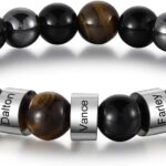 Personalized Tiger Eye Bead Bracelet Men: Custom 1-5 Name Beaded Bracelets for Men – Energy Stone Black Gallstone Obsidian Bracelet