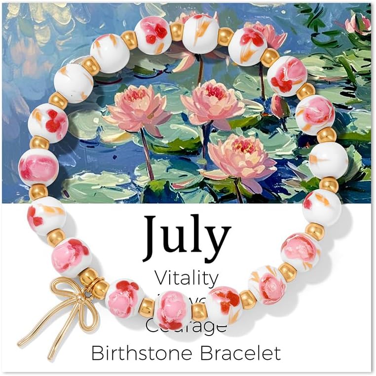 Birth Flower Bracelets, Beads Bow Charm Bracelet for Women Vintage Birth Month Floral Birthstone Bracelets Birthflower Jewelry Birthday Gifts for Women