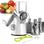 Ourokhome Rotary Cheese Grater Hand Crank, Kitchen Shredder Speed Mandolin Slicer Nuts Grinder with Handle and Drum Blades for Cheese, Vegetable, Walnuts, Chocolate, Potato, Carrot, 3 Blades, White