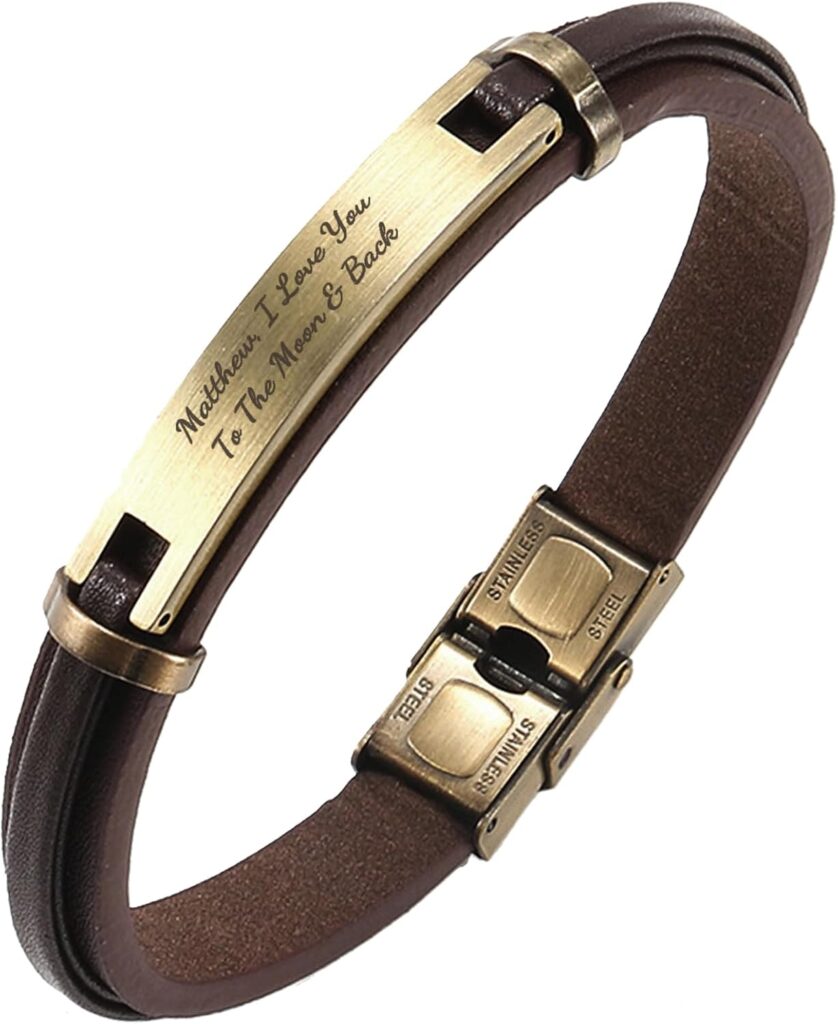 Qina C. Personalized Custom Mens Leather Bracelet Engraved Text Stainless Steel Wristband Gift f/Boyfriend Dad Husband