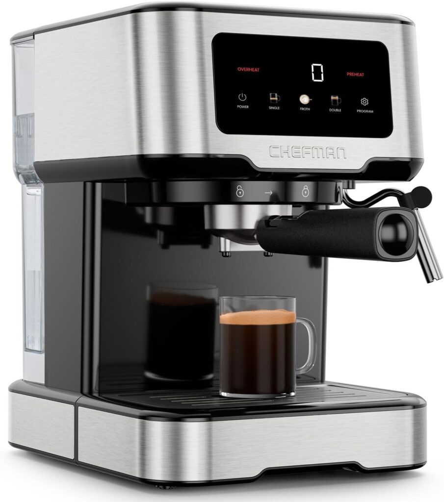 Chefman CraftBrew Espresso Machine, 15-Bar Pump Digital Espresso Maker w/Steam Wand for Latte & Cappuccino, Compact Espresso Coffee Machine w/ 1.5L Removable Water Reservoir – Stainless Steel