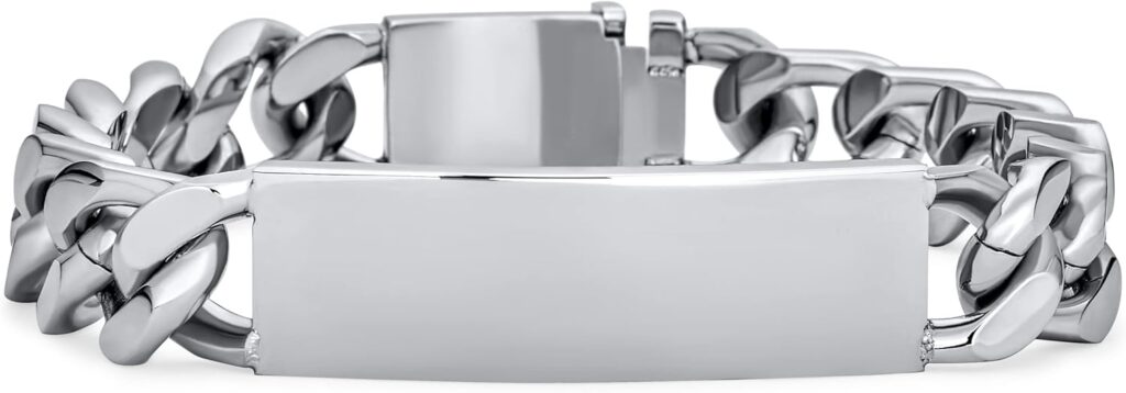 Bling Jewelry Identification Tag Name Plated Curb Cuban Link Chain ID Bracelet For Men Personalized Name Engraved Silver Tone Stainless Steel 7.5, 8, 8.5 Inch