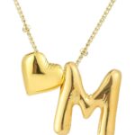 Heart Letter Necklace, 14k Gold Plated Initial Dainty Necklace for Women, Chunky Bubble Balloon Charm Pendant Name Personalized Jewelry Gift