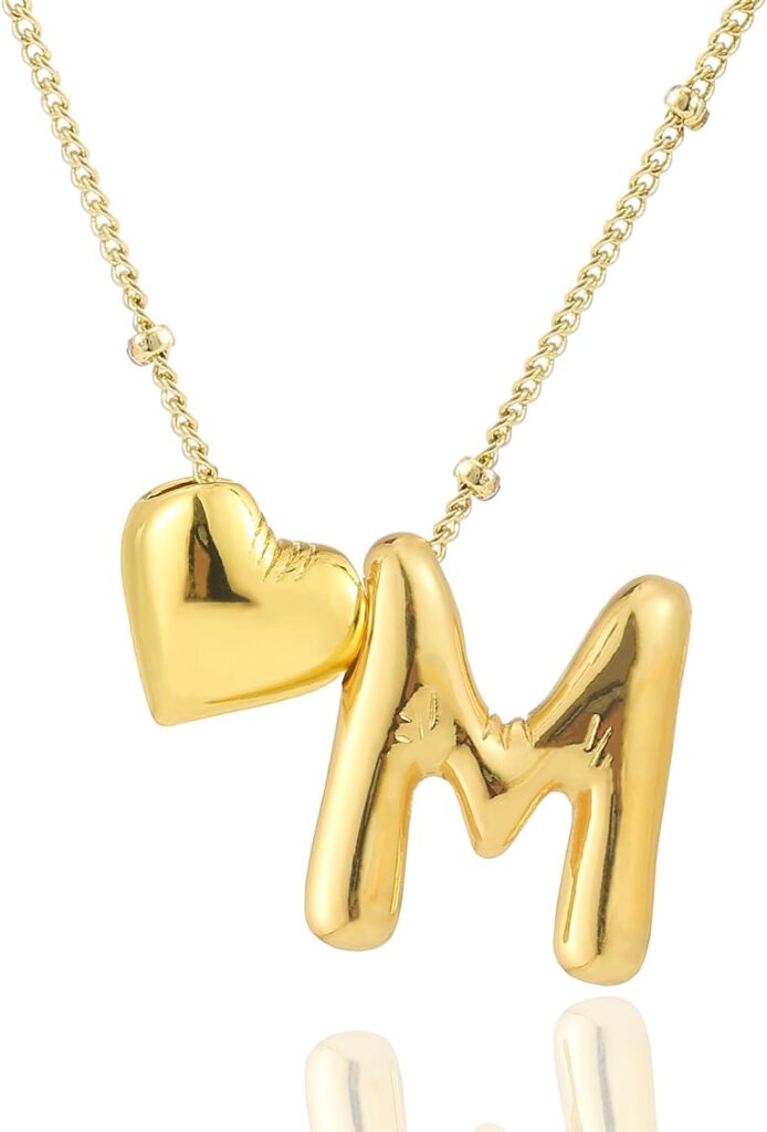 Heart Letter Necklace, 14k Gold Plated Initial Dainty Necklace for Women, Chunky Bubble Balloon Charm Pendant Name Personalized Jewelry Gift