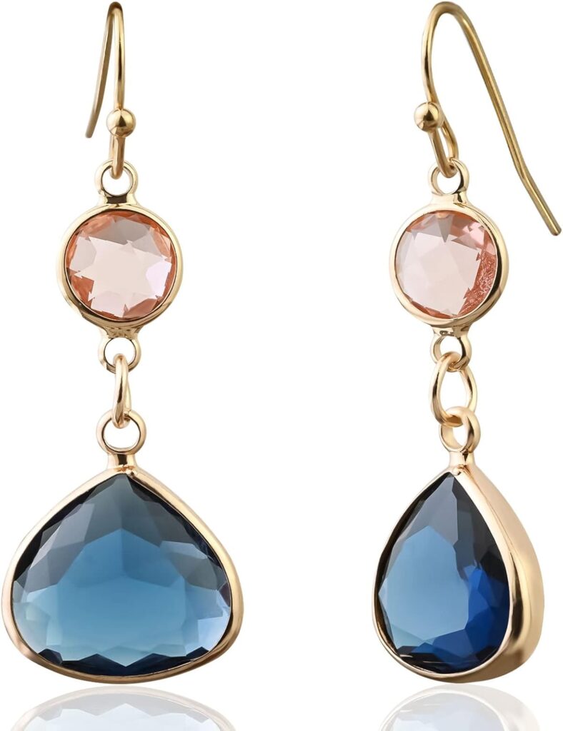 Sapphire Blue Dangle Earrings Blue Topaz Gold Handmade Aquamarine Drop Earrings for Women – Blue & Pink