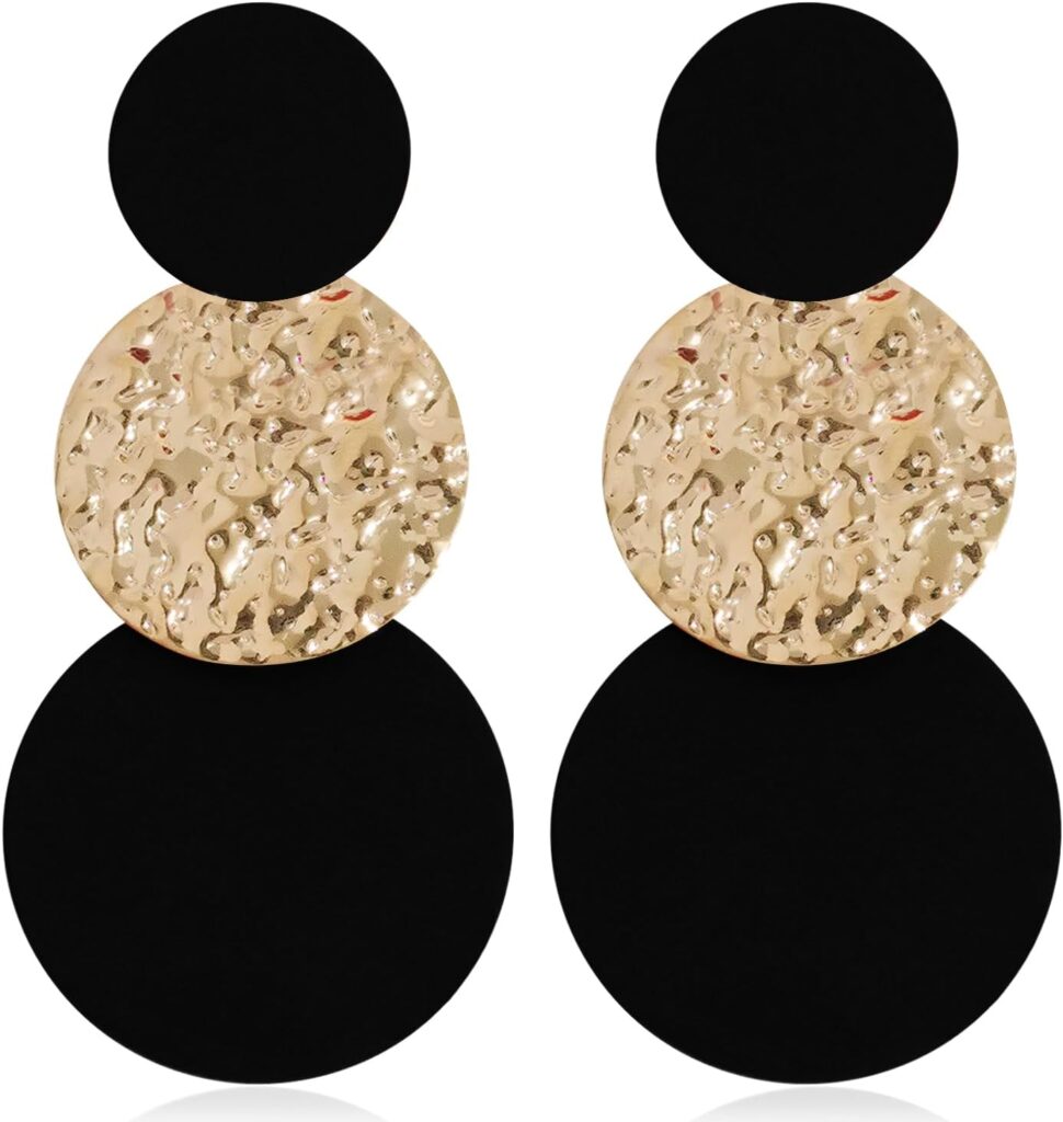 Handmade Long Round Alloy Dangle Drop Earrings – Statement 60s 70s 80s Vintage Gold Disk Round Disc Earrings – Boho Lightweight Summer Beach Jewelry Earring for Women