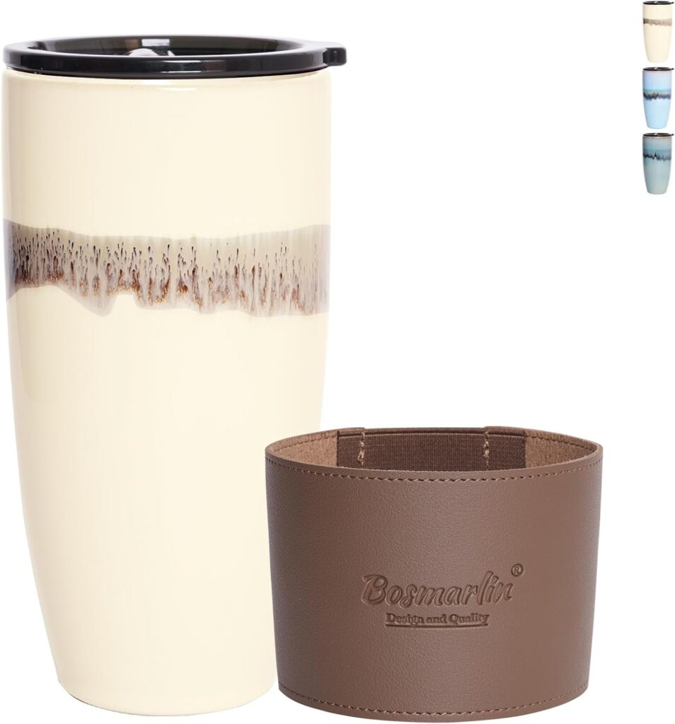 Bosmarlin Ceramic Trave Coffeel Mug with Lid, 21 oz, Portable Coffee Cup for Car Cup Holder, Microwave and Dishwasher Safe, Reactive Glaze
